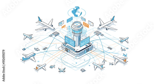 Global airport hub with airplanes taking off and landing around terminal