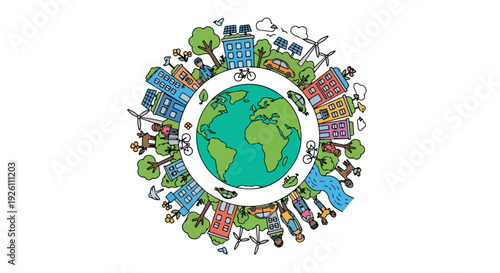 Flat lay illustration of a globe surrounded by diverse cartoon objects and symbols on a white background with a colorful palette.