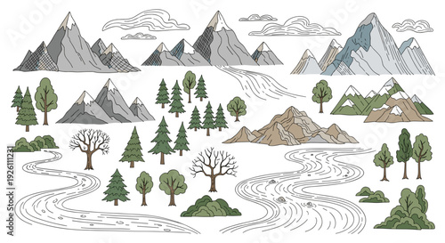 Collection of mountain landscapes with trees and rocky formations