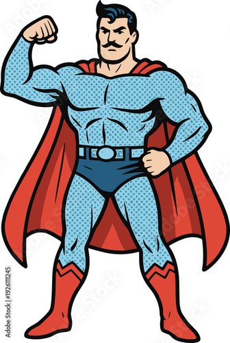 Muscular Superhero in Blue Costume with Red Cape Flexing Arm in Classic Comic Style Vector Illustration Isolated on White Background Vintage Inspired Artwork Design