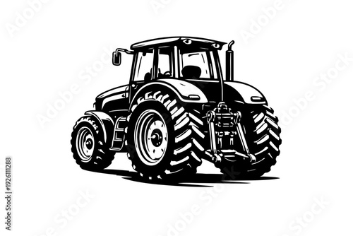 Rear three-quarter view of a farm tractor showing rear hitch, large tires