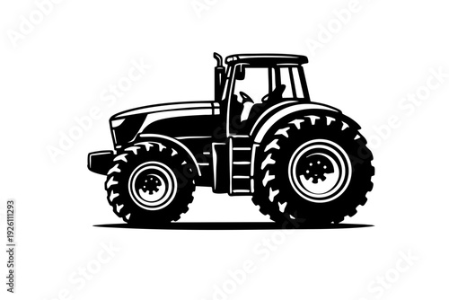 Side profile view of a farm tractor showing oversized rear tires, smaller front tires