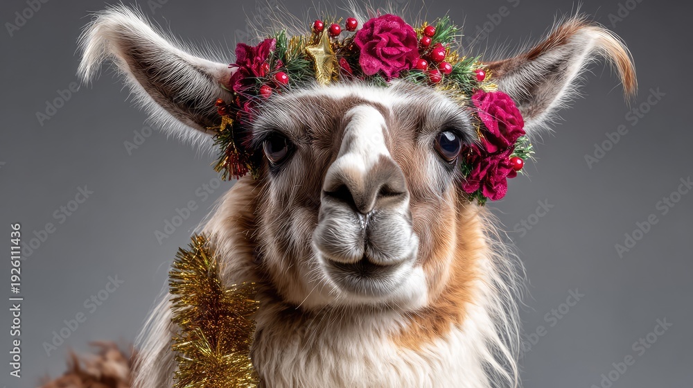 Naklejka premium Charming Llama Adorned with a Floral Headpiece and Golden Tinsel, Perfect for Holiday-Themed Events and Festive Celebrations in Nature Settings