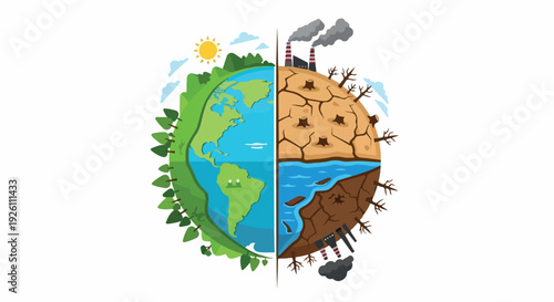 Infographic illustration of Earth divided into four sections showing environmental pollution and climate change against a white background.