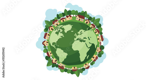Illustration of Earth surrounded by a wreath of leaves and flowers on a light blue background with a flat design style.