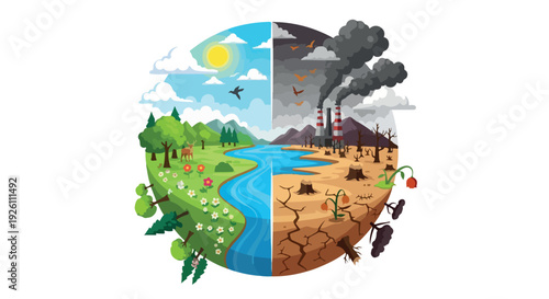 Illustration of a split Earth with a thriving natural environment on one side and a polluted industrial landscape on the other.