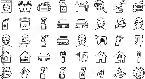 Cleaning and Hygiene Line Icon Set with Washing Machine, Gloves, Mask, Disinfectant Spray, Soap, Thermometer and Stay Home Symbols