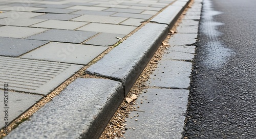 Wet Sidewalk and Curb Closeup View.