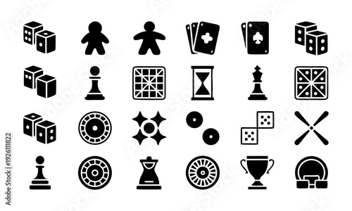 Board game glyph icon set with tabletop gaming and strategy symbols vector illustration, easily editable.