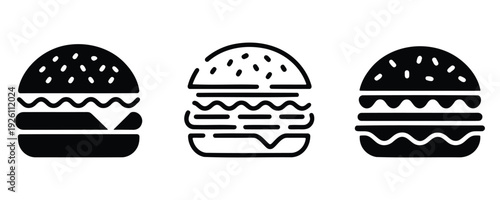 Three hamburger icons, various styles of cheeseburger and fast food