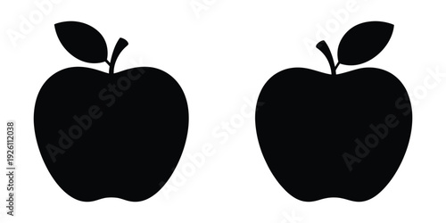 Two black apple silhouettes with leaf and stem, healthy fruit concept