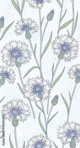 A floral pattern with blue flowers on green stems