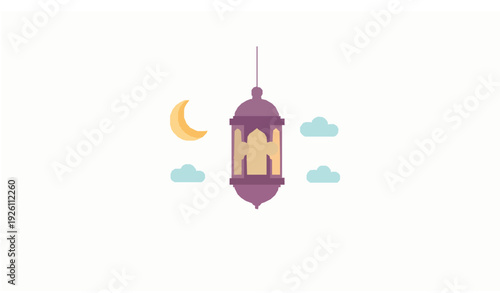 Playful Ramadan Kareem Greeting with Decorative Lantern Crescent and Stars Flat Vector