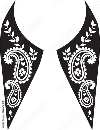 Elegant black and white paisley floral neck collar design for ethnic fashion apparel and embroidery.