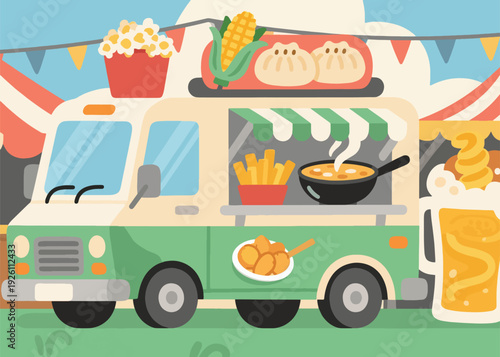 Various Ready to Eat Food Trucks Illustration Creative Design Template 