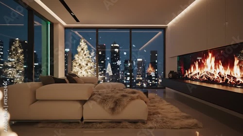 Modern Christmas Tree in Luxury Apartment with City View