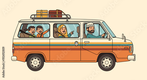 Vintage Van with Family on Road Trip.