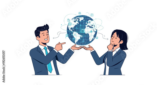 Illustration of a man and woman in business attire discussing a globe with a thoughtful expression on a plain white background.