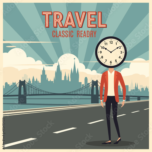 Retro Travel Poster with Clock Head Character