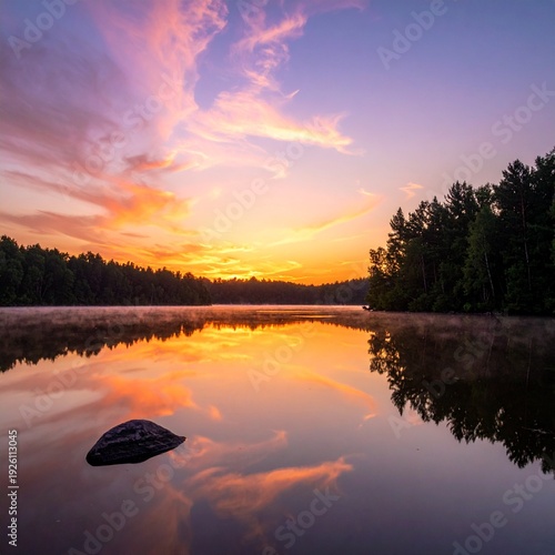 Stunning Sunrise Over Calm Lake with Reflecting Clouds and Forest Silhouette, Peaceful Nature Scene.