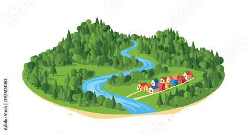 Aerial view of a serene landscape with a winding river, lush green forest, and a small village with colorful buildings.