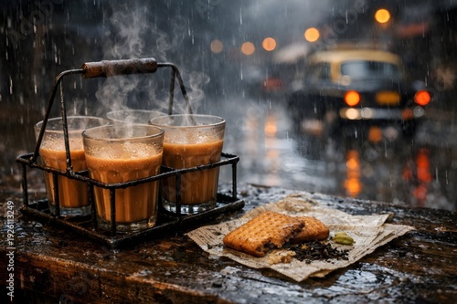 Authentic Indian Cutting Chai In Wire Carrier During Monsoon