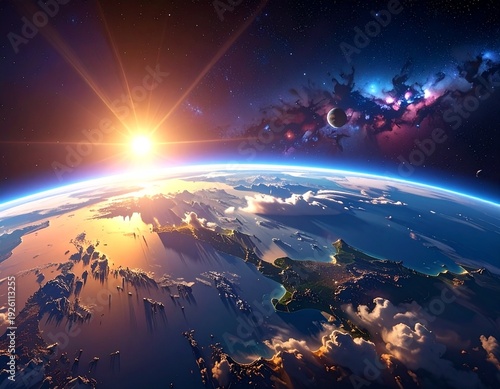 Stunning Sunrise Over Earth - A Breathtaking View from Space, Illuminating the Planet.