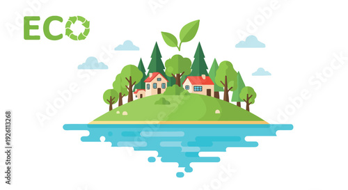 Eco-friendly island ecosystem with trees, houses and leafy vegetation floating on water against a white background with a green recycling logo.