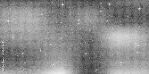 Silver mosaic disco ball background with white mirror glitter and light spots texture. Shiny grey tones sequin pattern. Festive fashion decoration. Glam sparkle Christmas wall. Vector illustration.
