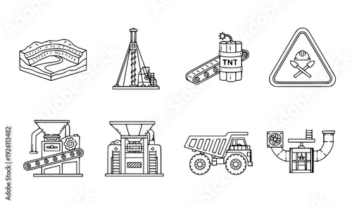 Mining Equipment Monochrome Icons Mineral Extraction Industry Vector Set
