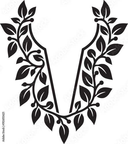 Elegant capital letter V initial monogram with black laurel leaf wreath for luxury brand identity.