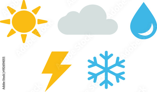 Weather Icon Collection on Black Background – Sun, Cloud, Rain, Lightning and Snow