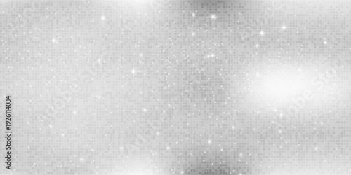 Silver mosaic disco ball background with white mirror glitter and light spots texture. Shiny grey tones sequin pattern. Festive fashion decoration. Glam sparkle Christmas wall. Vector illustration.