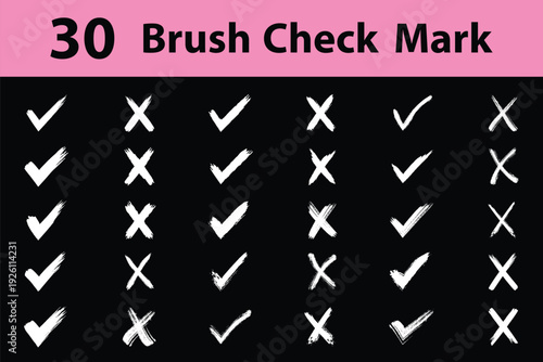 30 set of grunge vector checkmark and cross icon. Brush correct or incorrect sign. Hand drawn sketch doodle brush marker checklist symbol wrong right icon.
