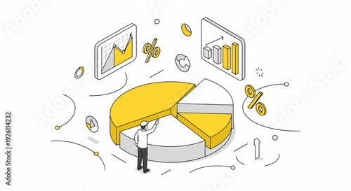 Businessman analyzing pie chart data visualization.