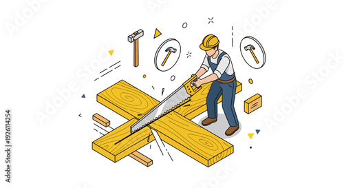 Carpenter Cutting Wooden Plank with Circular Saw.