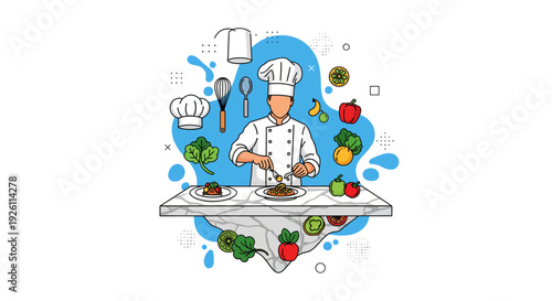 Chef Cooking with Fresh Vegetables and Herbs.