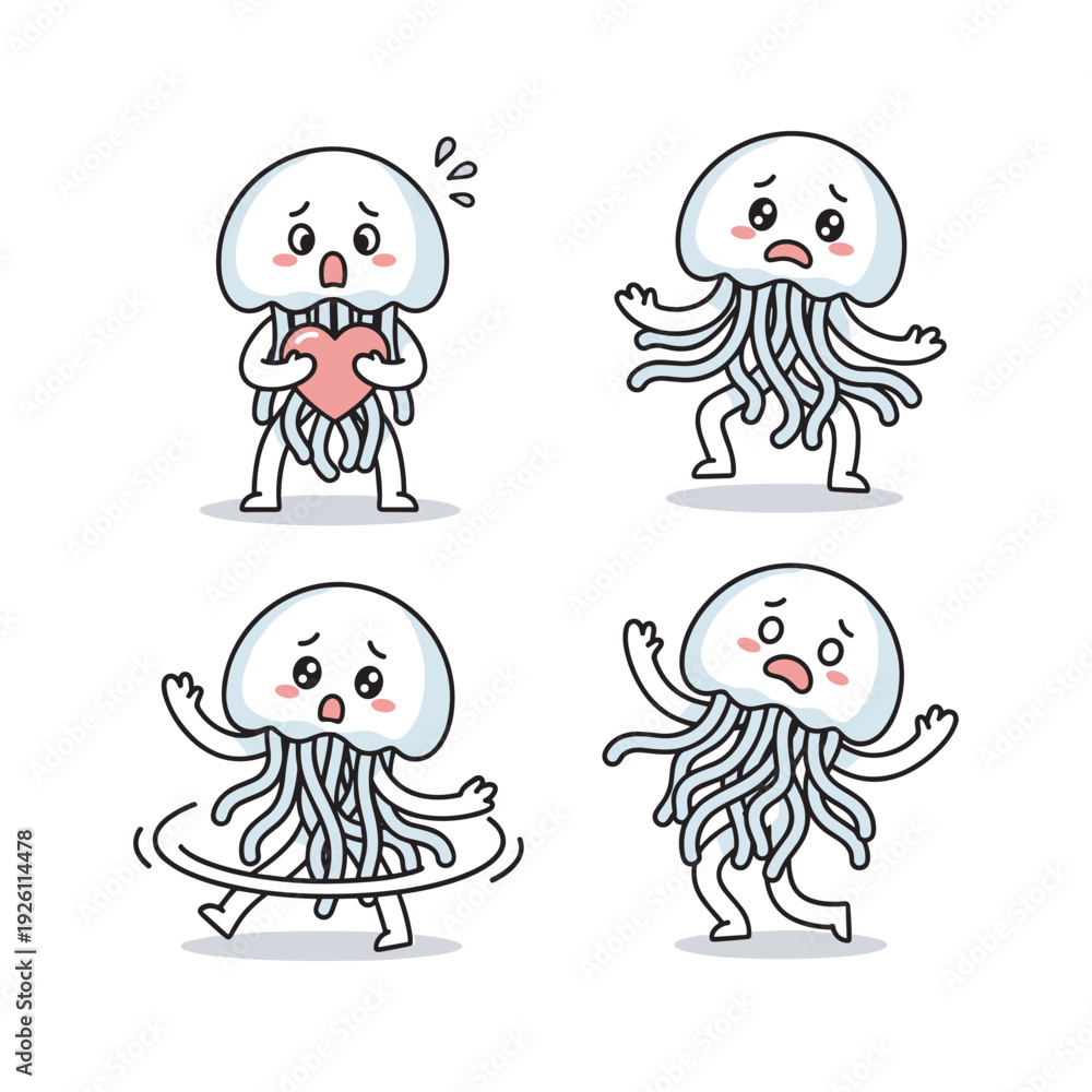 Fototapeta premium Cartoon jellyfish showing different emotions with facial expressions