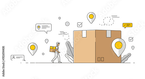 Delivery Person Carrying Package with Location Pins.