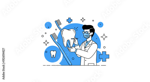 Dentist Examining Tooth with Dental Tools.