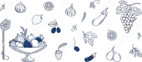 Hand drawn vintage fruit and vegetable illustration set, blue line art food collection with grapes, garlic, eggplant, citrus and bowl composition