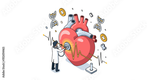 Doctor Examining Large Heart with Stethoscope.