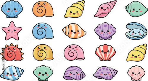 Cute Kawaii Sea Shell and Starfish Character Set with Smiling Cartoon Ocean Shells for Kids Stickers, Nursery Prints and Marine Designs