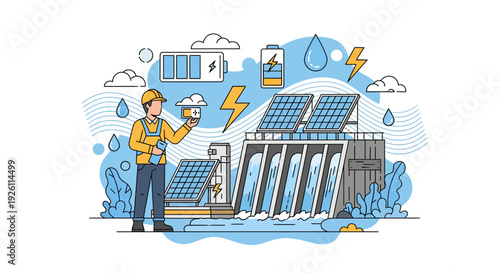 Engineer Inspecting Hydroelectric Dam with Solar Panels.