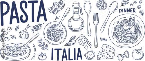Vintage hand drawn pasta dinner illustration, Italian cuisine line art set with spaghetti plates, olive oil, cheese and ingredients
