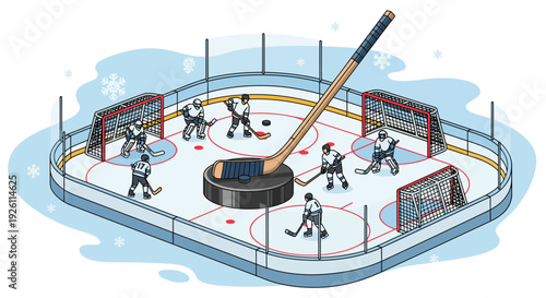 Ice Hockey Rink with Players and Stick.