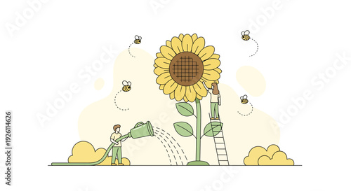Illustration of a large sunflower being watered.