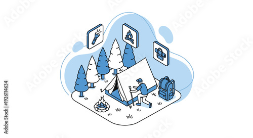 Illustration of a tent with trees and icons.