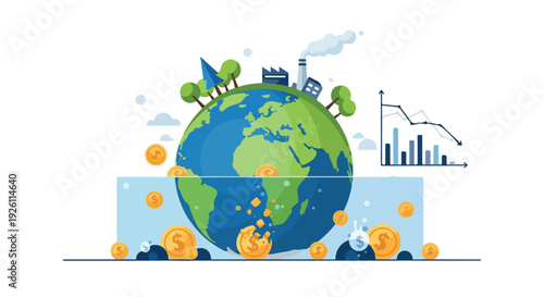Flat illustration of Earth with eco-friendly and industrial icons, surrounded by coins and graphs on a white background with a mix of green and blue tones.