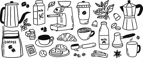 Hand drawn coffee illustration set, black and white doodle collection with espresso machine, moka pot, croissant and cafe elements